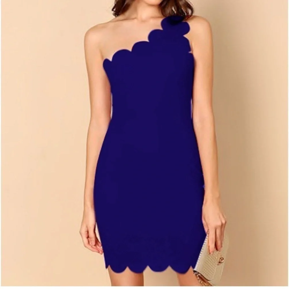 Women’s One Shoulder Dress Solid Color Wavy Hem Tight-fitting Short Dress Size M